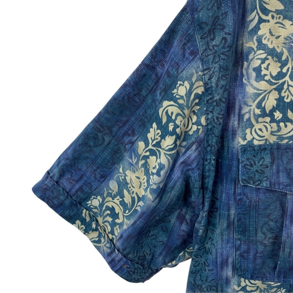 Vintage Floral Stripe Hawaiian Shirt XL Blue Tan - Picture 9 of 10